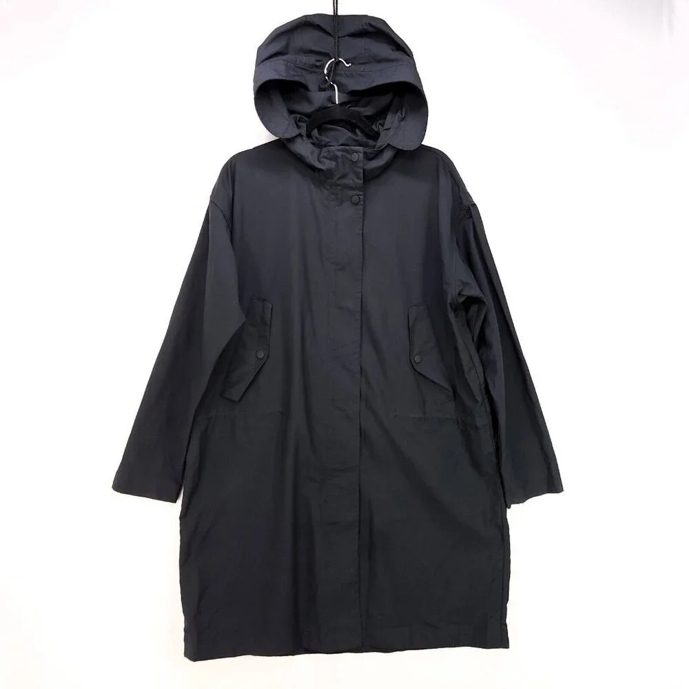 Everlane Anorak Rain Hooded Jacket Black Full Zip Snap Size Large Trench Coat